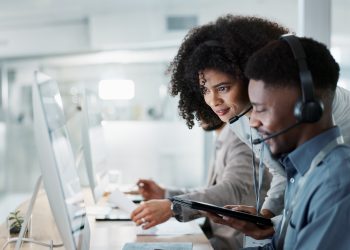 Call center computer, happy mentor and people for telemarketing sales, outsourcing or check onboard