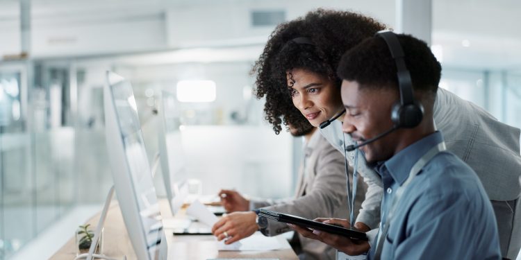 Call center computer, happy mentor and people for telemarketing sales, outsourcing or check onboard